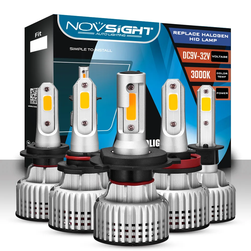 Novsight/Nighteye Auto Accessories H1 H3 H4 H7 H11 H13 9006 9007 10000LM 72W H4  3000k led car headlight kit yellow light bulb