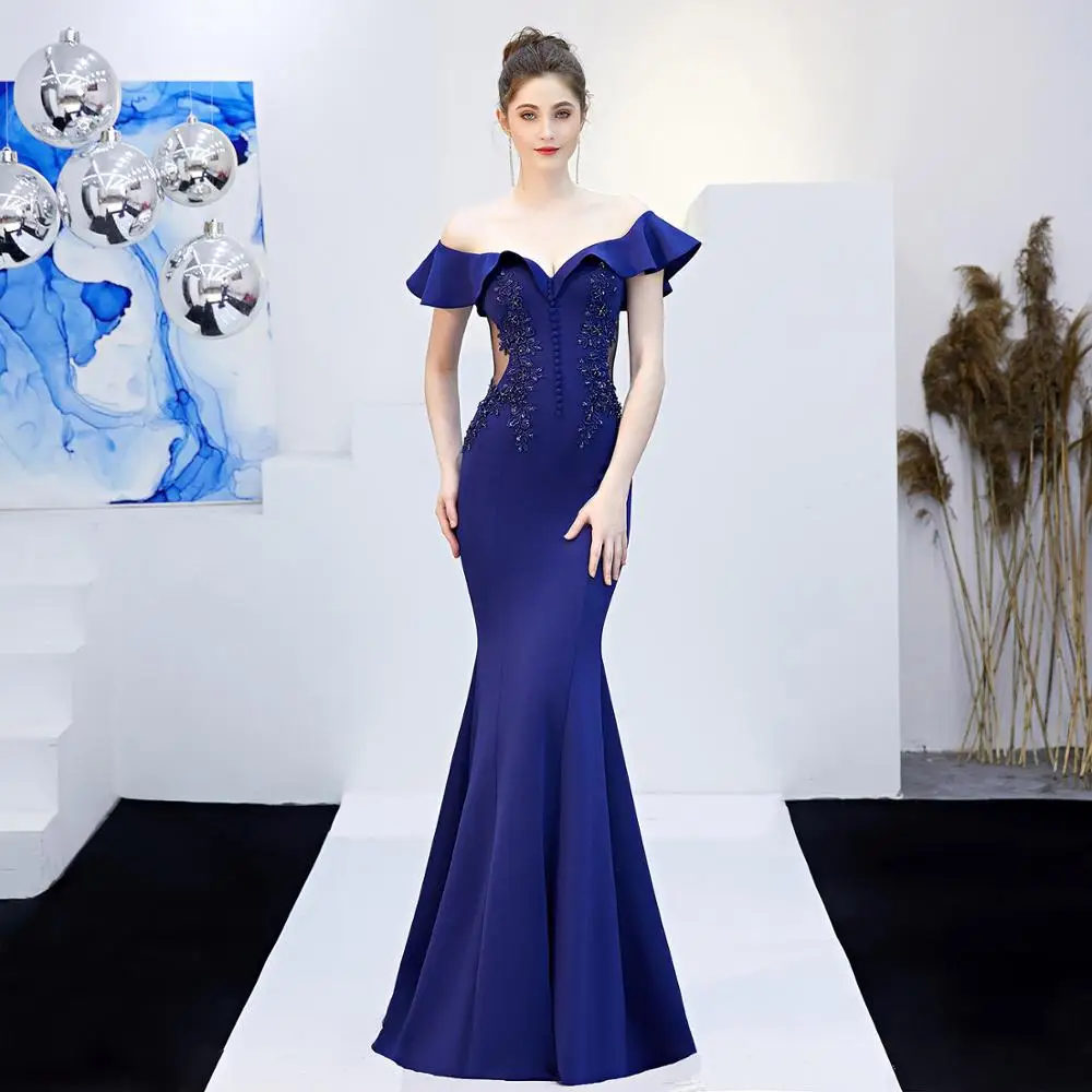 

long blue one-shoulder evening dress slim fishtail wedding evening dress ruffled V-neck party evening dress