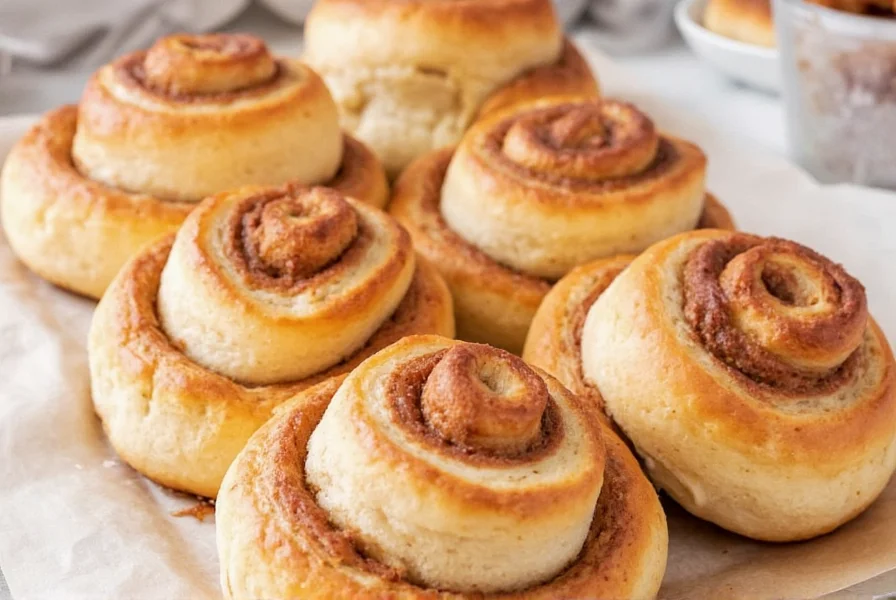 Step-by-step photos showing proper cinnamon roll rolling technique, filling application, and cutting method for perfect spiral layers