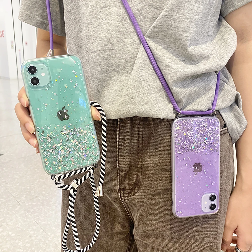 

XINGE Women Shine Crossbody Phone Case with Strap Rope For iPhone 12 11 Pro Max XS XR Estuche Celular, Black, pink,white,green,purple