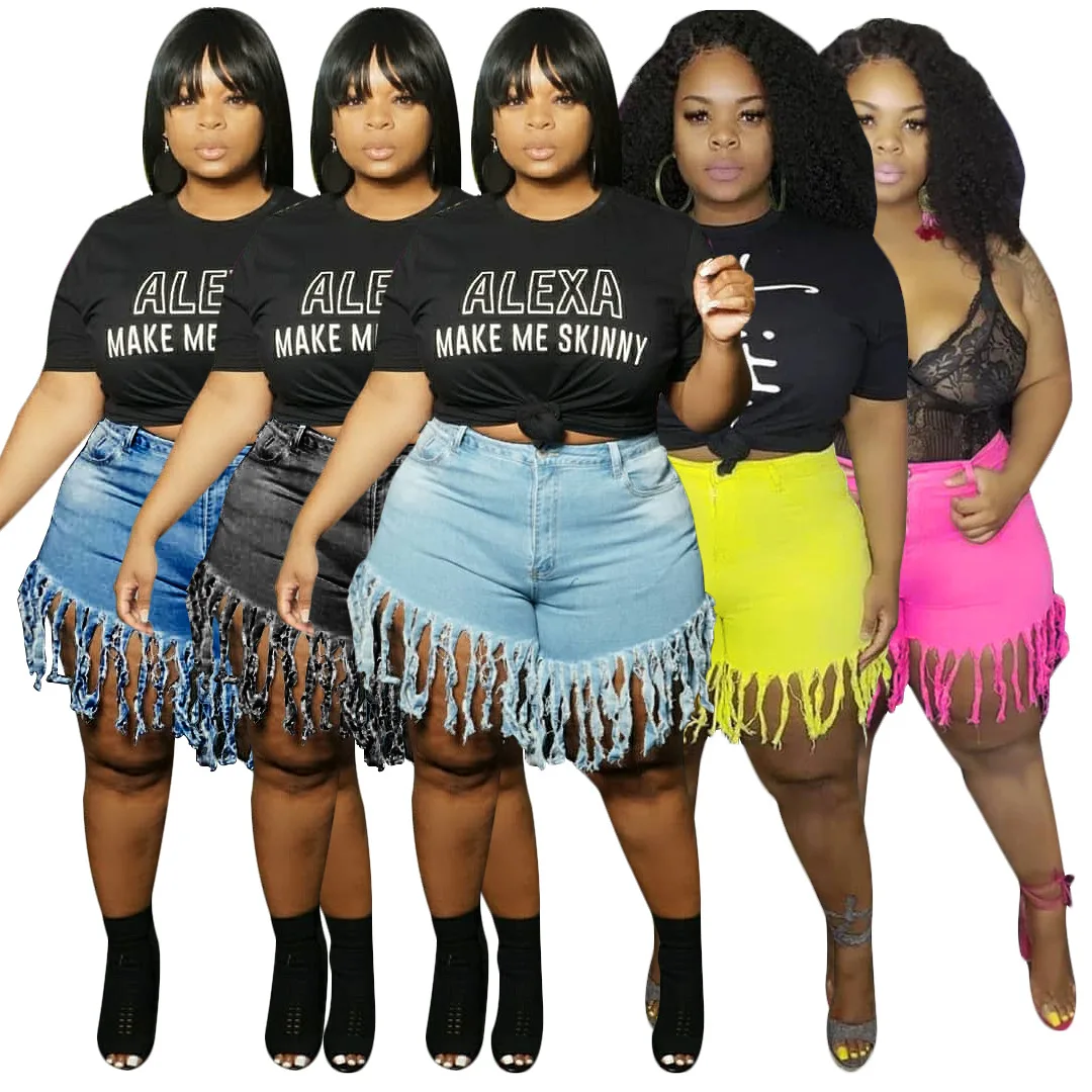 

2021 plus size women clothing Tassel denim shorts casual straight cut jeans