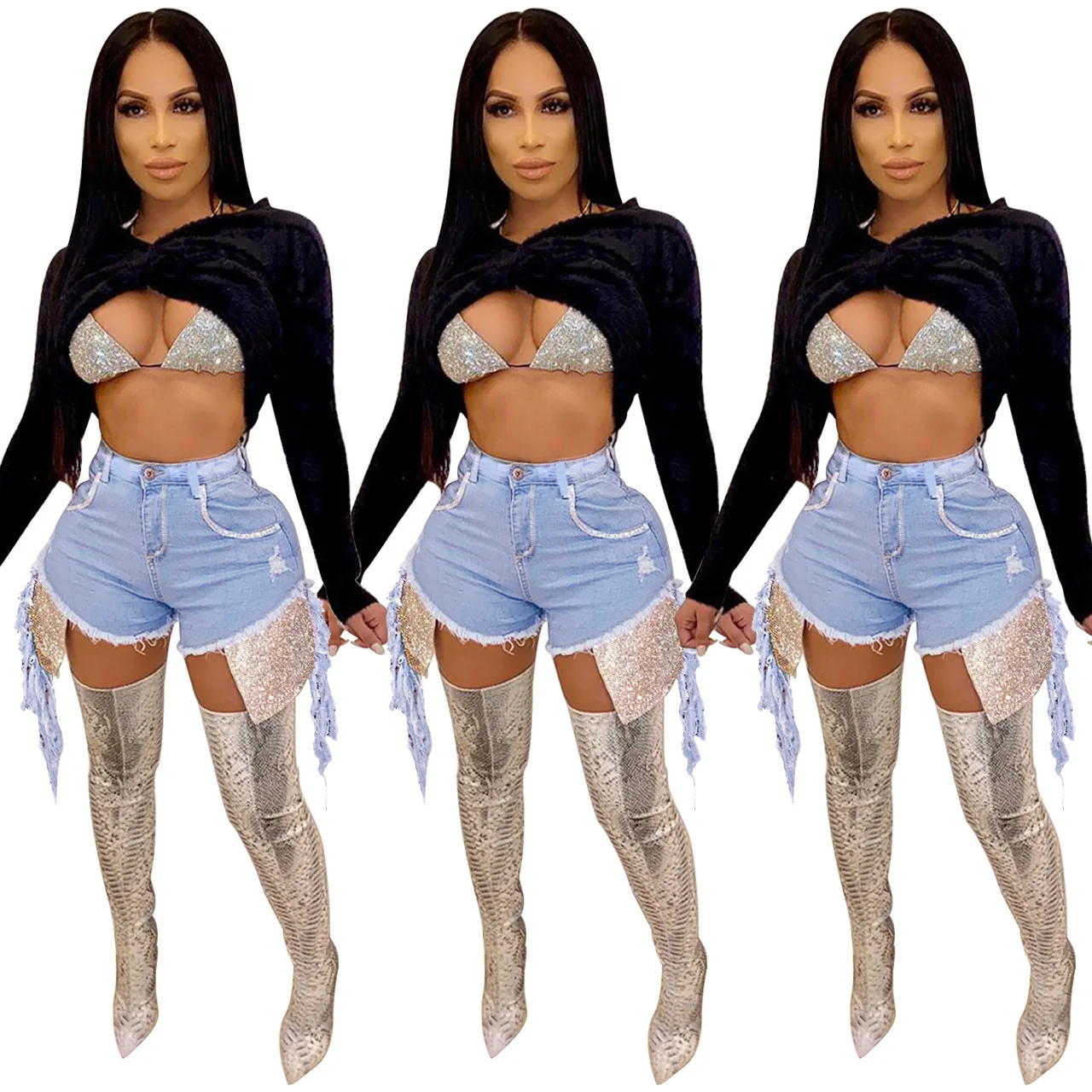 

2021 new arrivals sexy ladies club streetwear jeans women sequin denim shorts wholesale bling rhinestone jeans