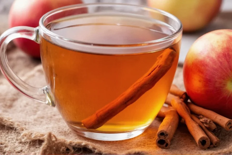 Close-up of apple slices and cinnamon sticks steeping in clear teapot with steam rising