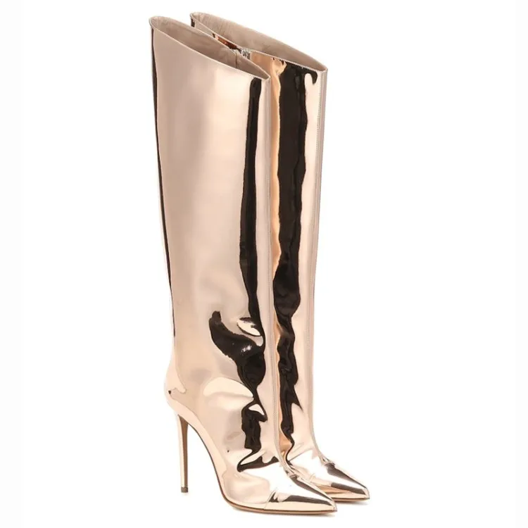 

LM5055 Autumn new bright leather high heel knee boots female sleeve mirror leather fashion boots, Gold ,silver