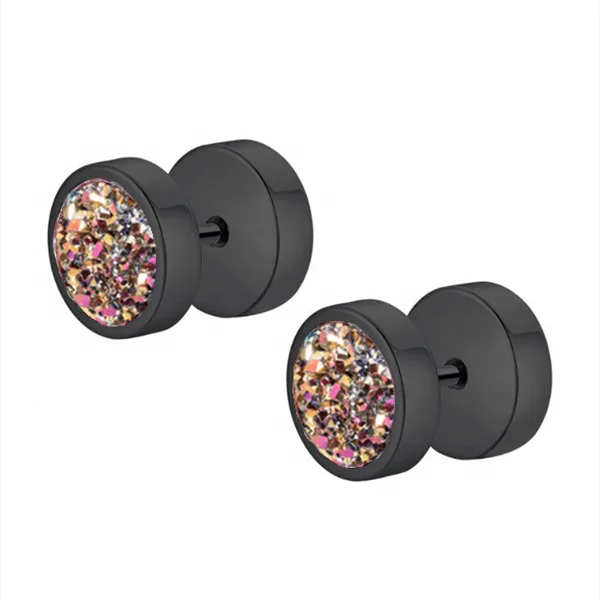 

Bomei Jewelry New Design Korean Hiphop Style Piercing Earrings Stainless Steel Black Plated Dumbbell Earrings With Multicolor CZ, Rose gold,black, steel and gold