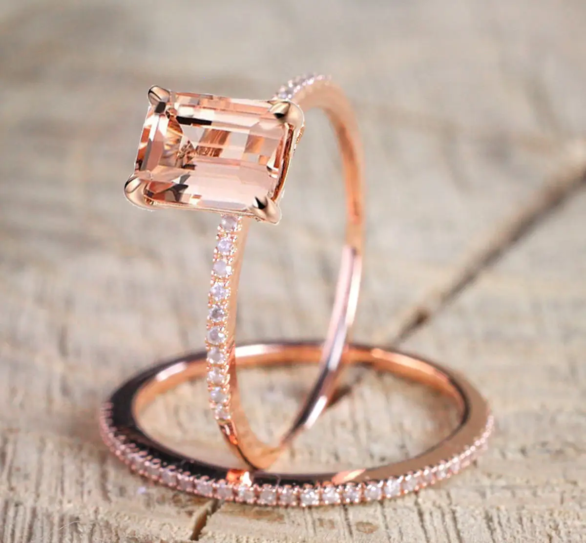 

2Pcs Jewelry Set Rose Gold Plating Shiny Cubic Zirconia Stacking Rings Rectangle Clear Diamond Promise Rings
