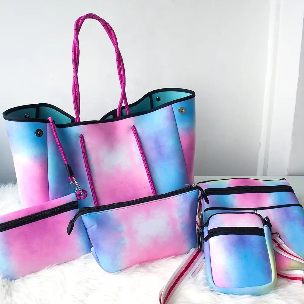 

New Arrival Camo Stripe Design Neoprene Fashion Customized Beach Handbag Waterproof Neoprene Beach Tote Bag sets for women, Sample or customized