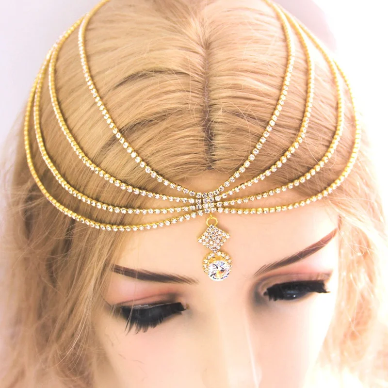 

Fashion Lady Alloy Rhinestone Headwear Waterdrop-shaped Forehead Head Chain, Silver.gold