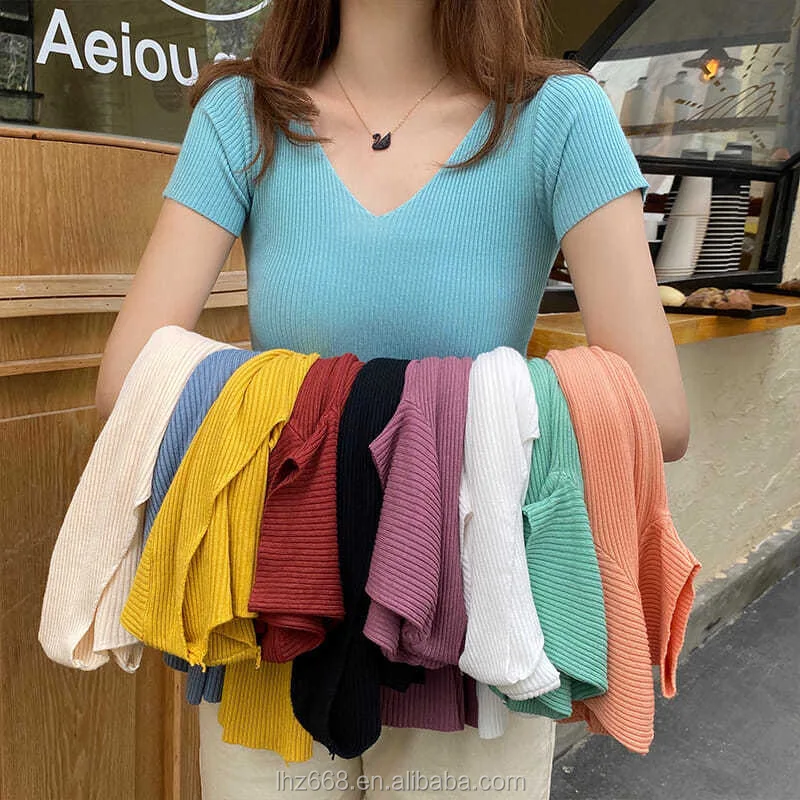

Wholesale Short Sleeve Knitwear Slim Fit Sweater Women Summer Girl's knitted cotton short sleeve Ladies top colorful