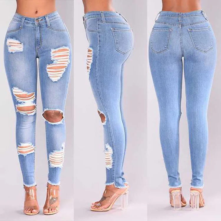 

2021 New Trousers Hot Style Denim Pants Stretch Slim Fit Hole Women Jeans