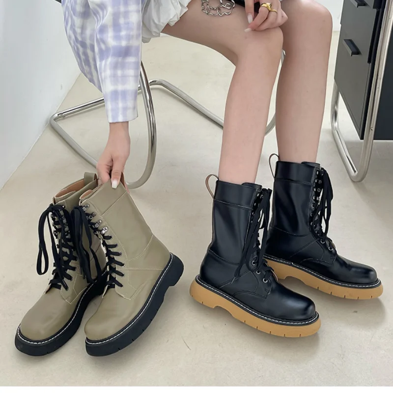 

DEleventh chunky sole eyelet detail tie up front women shoes round toe stylish fashion lady Chelsea boots for fall winter