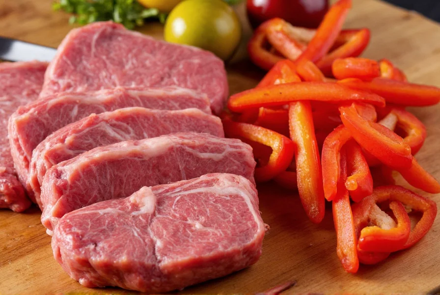 Close-up of pepper steak ingredients preparation showing proper slicing technique for flank steak and bell peppers