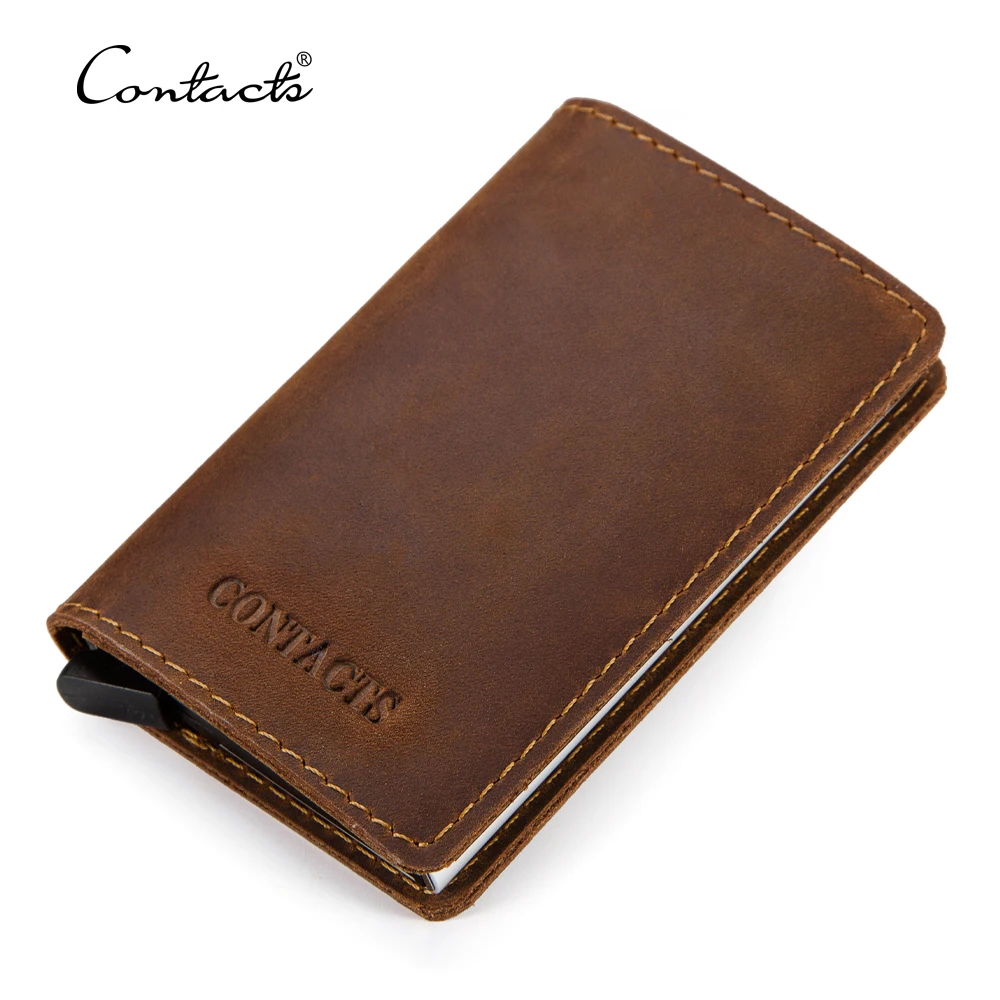 

drop ship contacts stylish crazy horse leather anti rfid pop up slide aluminum case slim leather atm card holder for men, Coffee