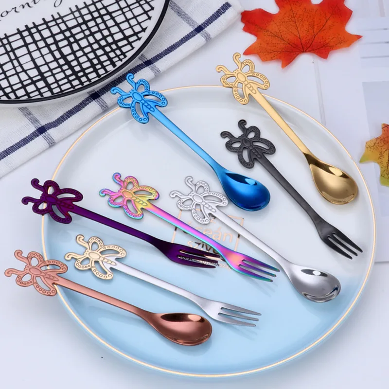 

Creative Butterfly Handle Coffee Spoon Dessert Fruit Fork Stainless Steel Stirring Teaspoon Cake Ice Cream Jam Mixing Scoop, Silver/gold/ rose gold/color/black/blue