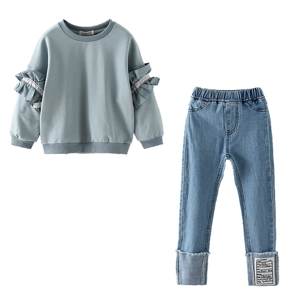 

2020 New Fashion Spring Children Suits Top and Demin Pants Kids Outfits Casual Clothes 4-13Y, Picture