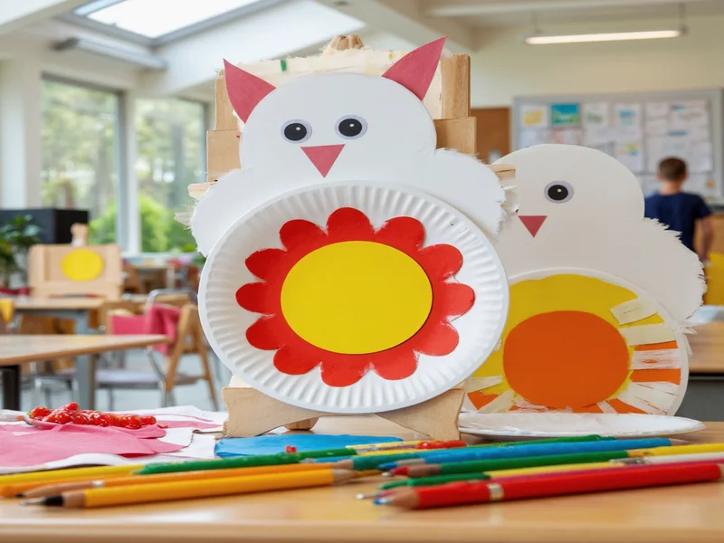 Eco-friendly paper plate crafts displayed in classroom