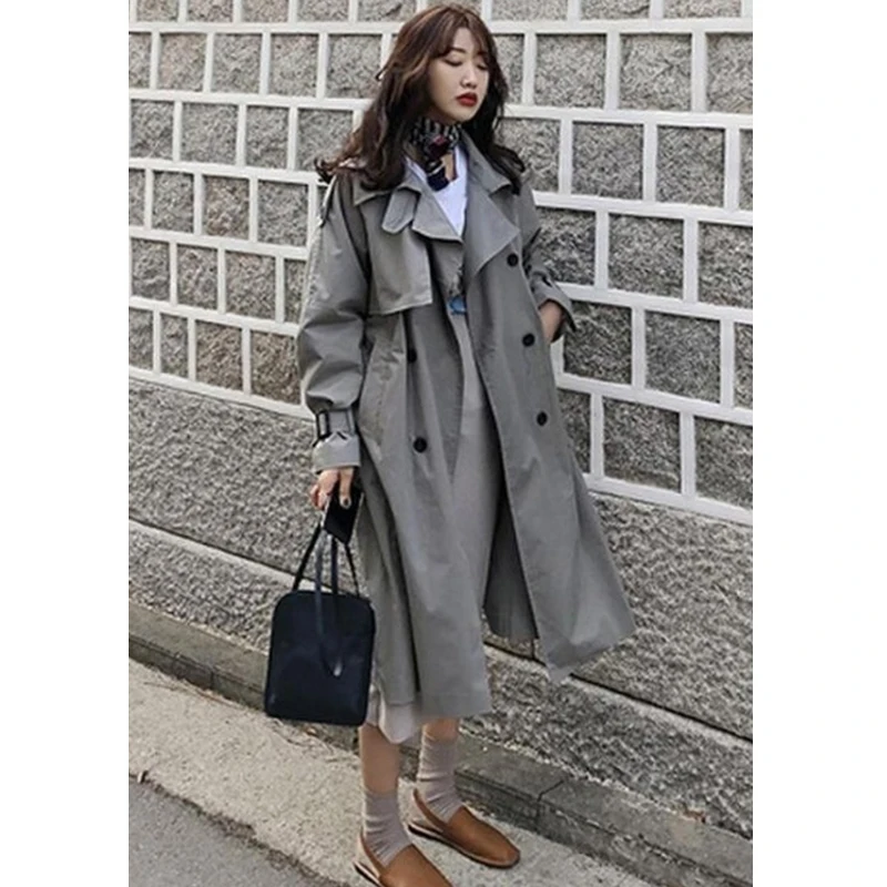 

Women 2021 Korean Style Autumn Cotton Long Trench Coat With Belt Replacement Turn Down Collar Windbreaker