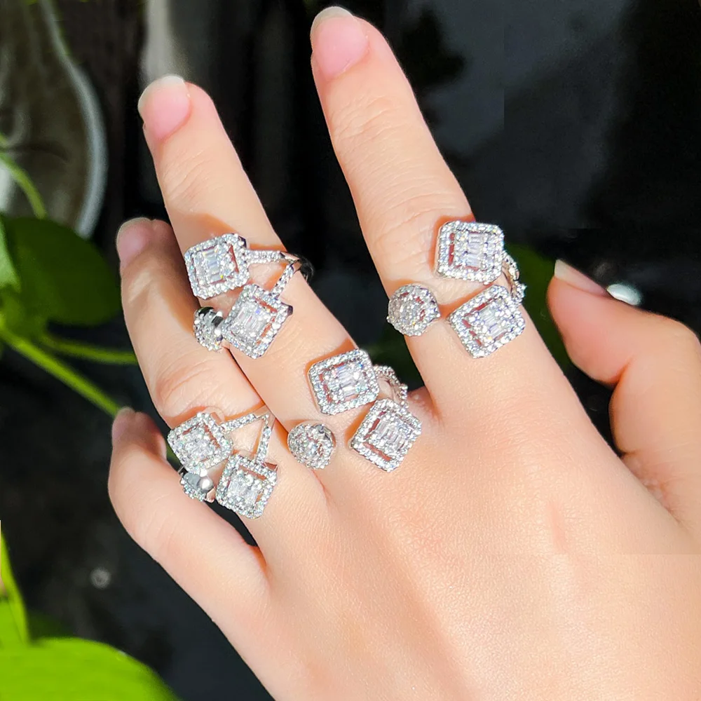 

Popular Design Sparkling White Baguette Cubic Zirconia Silver Color Adjustable Open Rings for Women Engagement Finger Jewelry