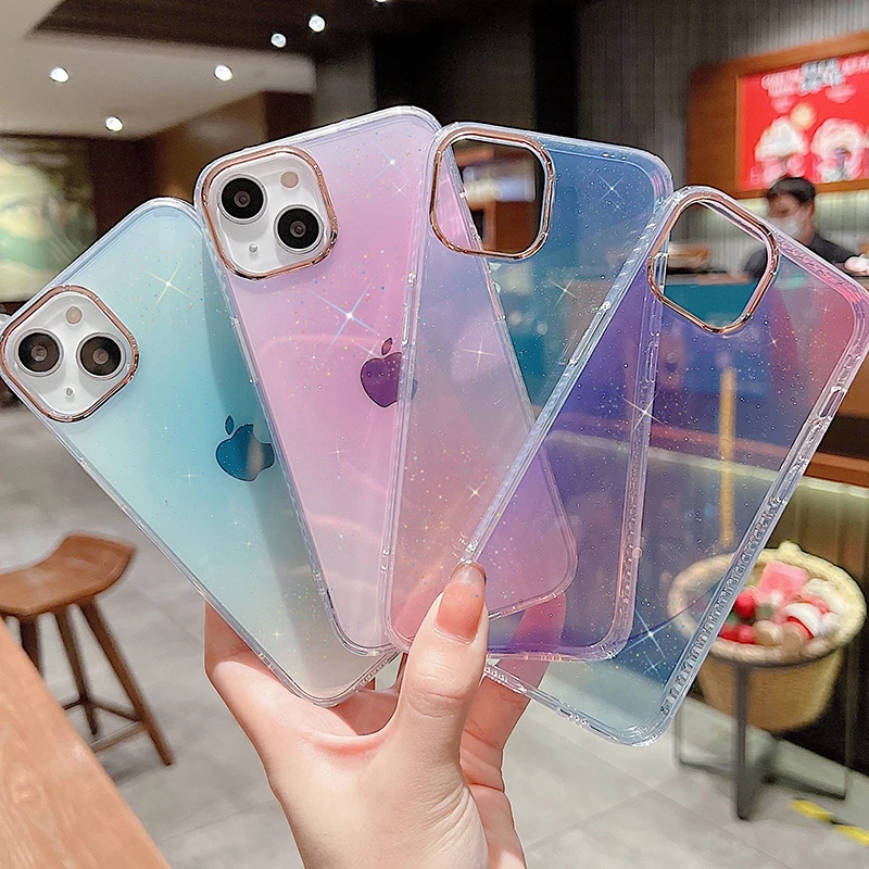 

Transparent customizable glitter gradient color geometric simple electroplating big hole phone case for iphone13 12 11pro max xr, Multi-color, can be customized