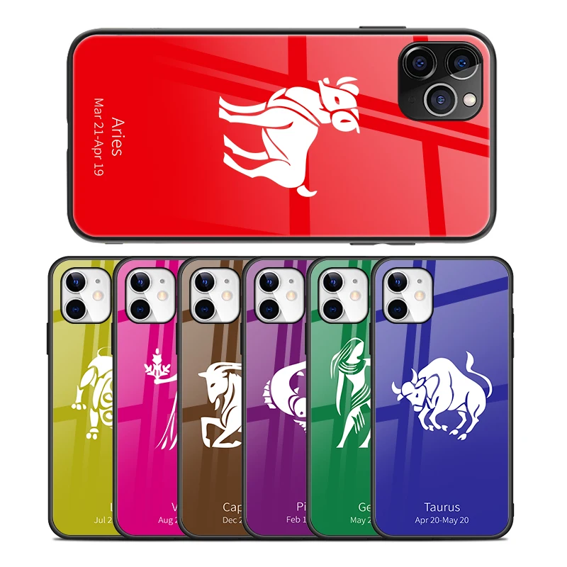 

Design Zodiac Sign Sublimation Printed Glossy Glass Phone Case for iPhone 12 11 7 8 X XR Different Brands Phone Cover, Black