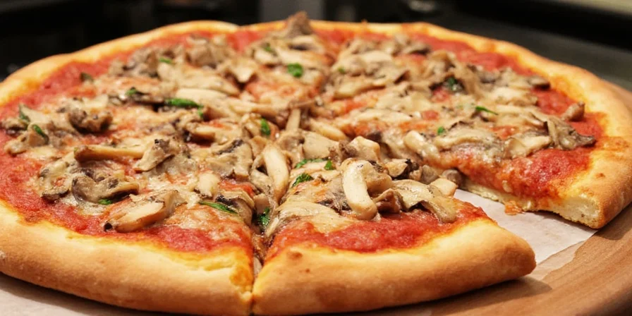 Cheesy pizza with shiitake mushrooms freshly out of the oven