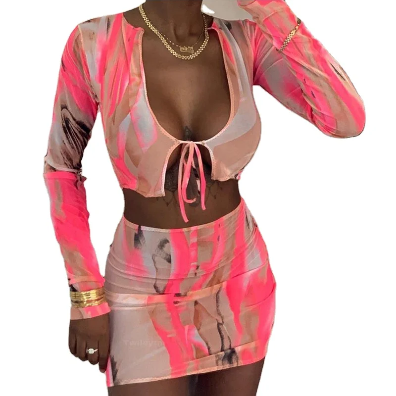 

2020 Autumn Trendy Two Piece Set Women Clothing Bodycon Ladies Long Sleeve Dress Mesh Printed Sexy Two Piece Mini Skirt Set