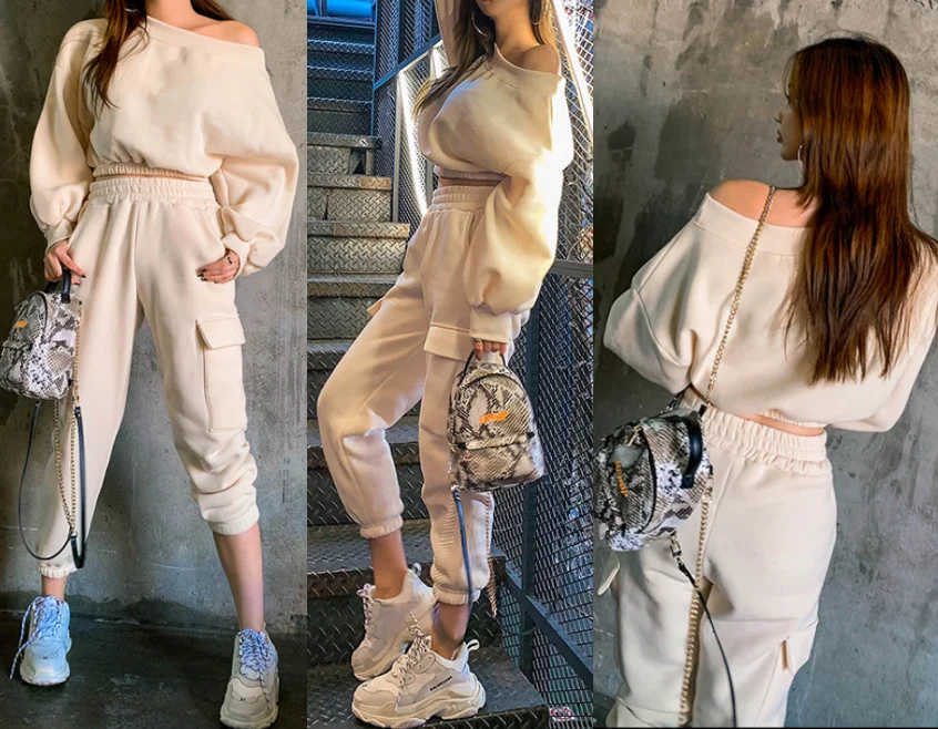 

2020 Fall Women Crew neck Long sleeve crop top oversize sweatshirt with pockets jogger 2 two pieces outfit set, In available