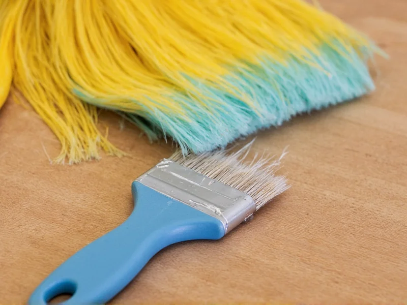 Close-up of professional painting tools on wooden surface