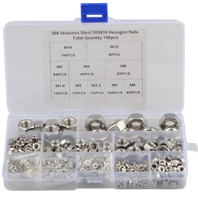 768PCS M1.6 - M12 Stainless Steel 304 DIN934 Hexagon Nut Set