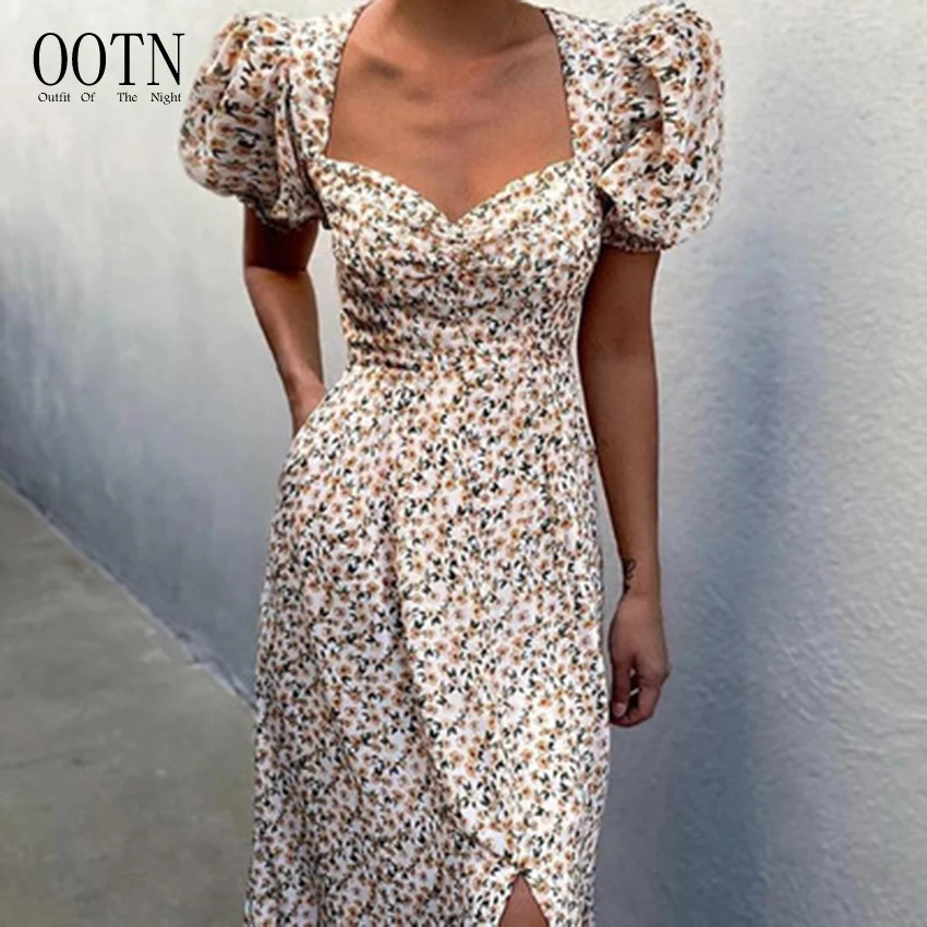 

OOTN Vintage V Neck White Floral Print French Style Sundress Sexy Slit Party Dresses Puff Short Sleeve Women Summer Midi Dress