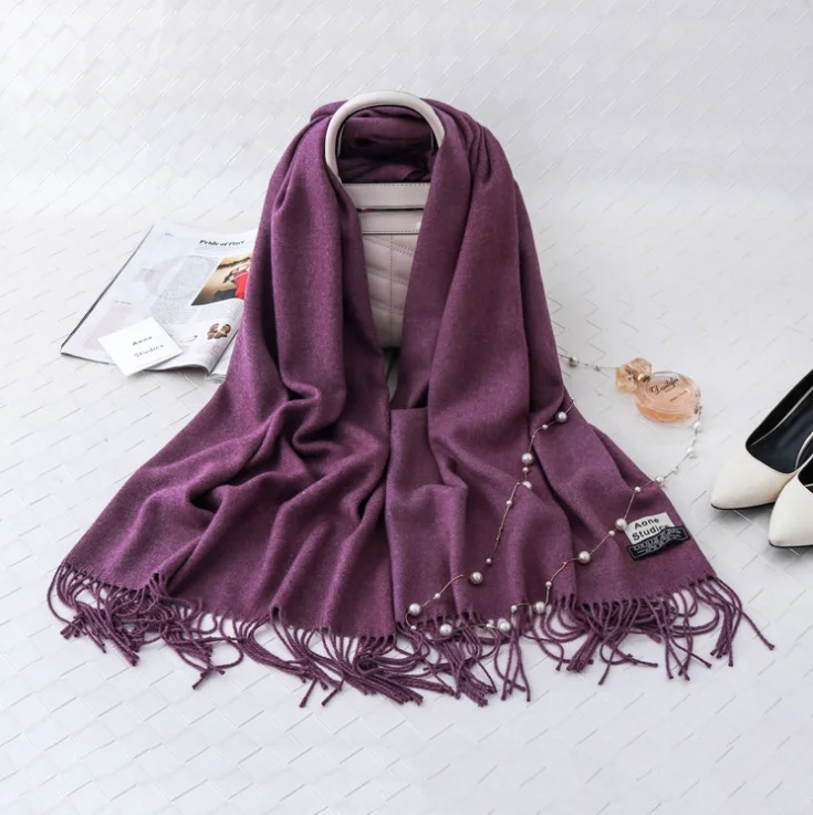 

Solid Color Scarf For Women Winter New Monochrome Cashmere Scarf With Tassel Pashmina Shawl