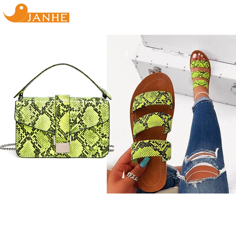 

JANHE bolsa cartera bolso de mano sepatu wanita Snakeskin Leather Hand Bag Women Handbag Shoe Set Purse Slide Sandales Match