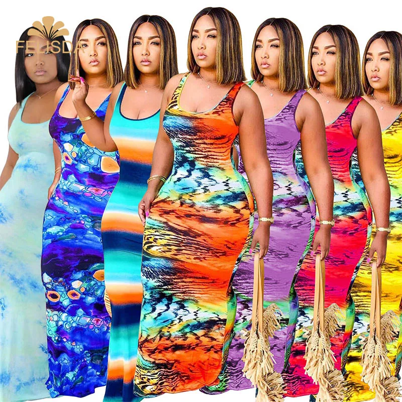 

New Striped Bodycon Plus Size Dress Women Tie Dye Print Midi Maxi Tank Clothing Fashion Beach Party Long Casual Dresses