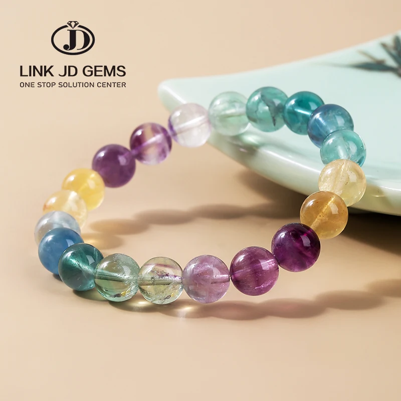 

JD Women Reiki Healing Lucky Stretchy Mala Bangles 7A Natural Stone Multicolor Rainbow Fluorite Bead Bracelet