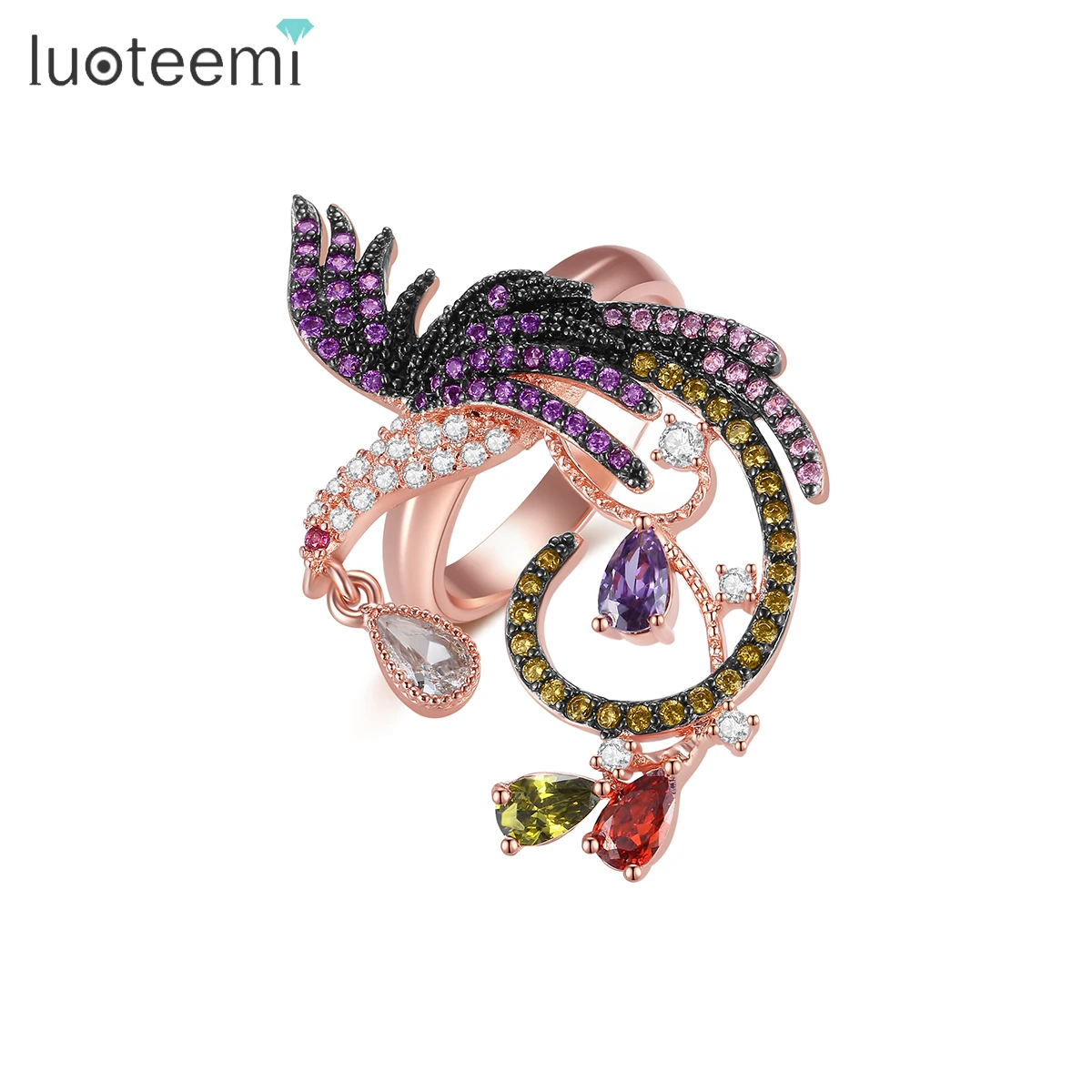 

LUOTEEMI Wholesale Design Rose Gold Plated Women Multi CZ Prong Setting Phenix Animal Bird CZ Rings