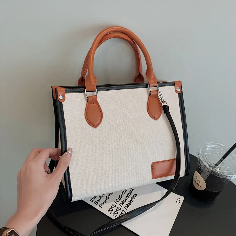 

2022 Fashion Designer Solid PU Leather Contrast Color Handle Ladies office Hand Bags Women Big Bag White Purses Handbags