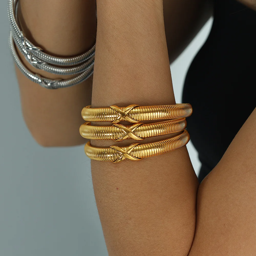 

Trendy 18K Gold Filled Chunky Chain Cuff Bangle Stainless Steel Non Tarnish Waterproof Cross Knot Wristband Bracelet YF4152