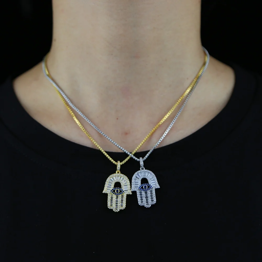 

New arrived colorful hamsa pendant necklace with cz paved box chain hand charm necklace jewelry wholesale, Black