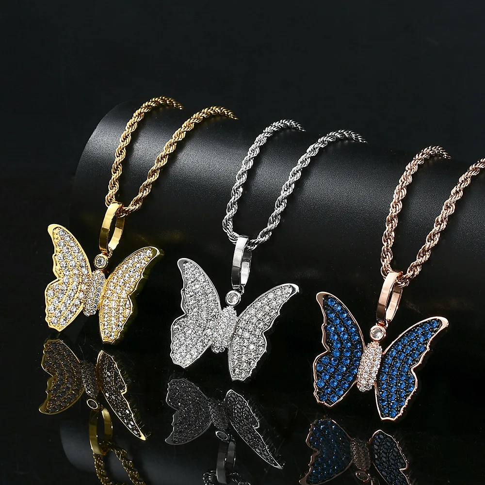 

2021 Hip Hop Jewelry 18k Gold Plating Butterfly Pendent Iced Out CZ Cubic Zirconia Necklace Butterfly Pendant Necklace