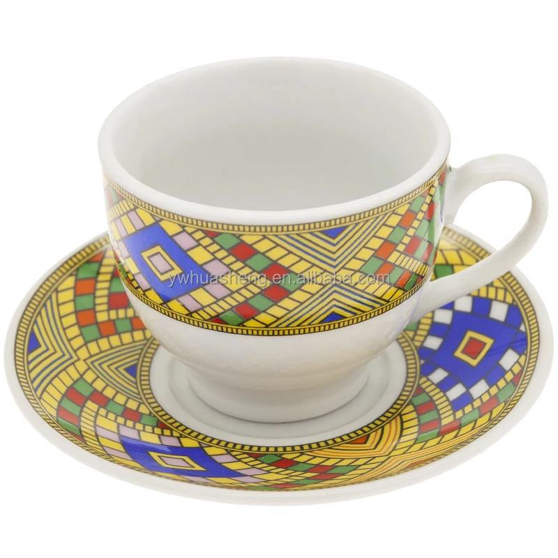 

Eritrean Art Traditional Ethiopian Coffee Cup Set With Tilet Design Fine Porcelain, Customized