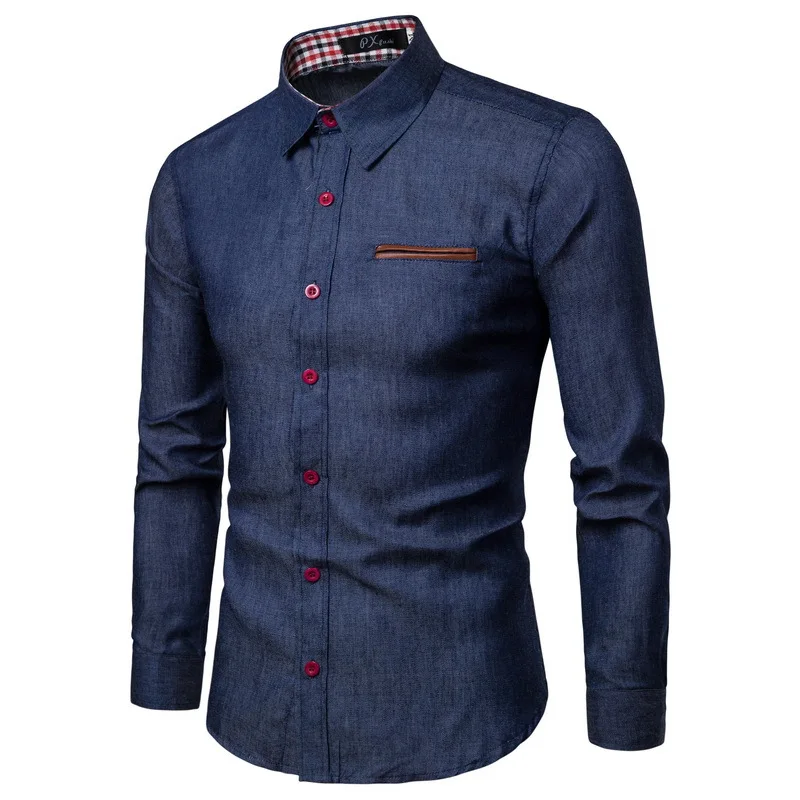 

New Arrival Men's Shirts Solid Slim Fit Long Sleeved High Quality Wash Denim Cowboy Jeans Shirts Men Casual Spring Autumn, Dark blue/sky blue