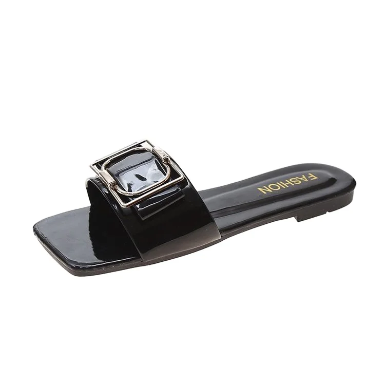 

2021New type classic large metal buckle design ladies sandals solid color women's slippers