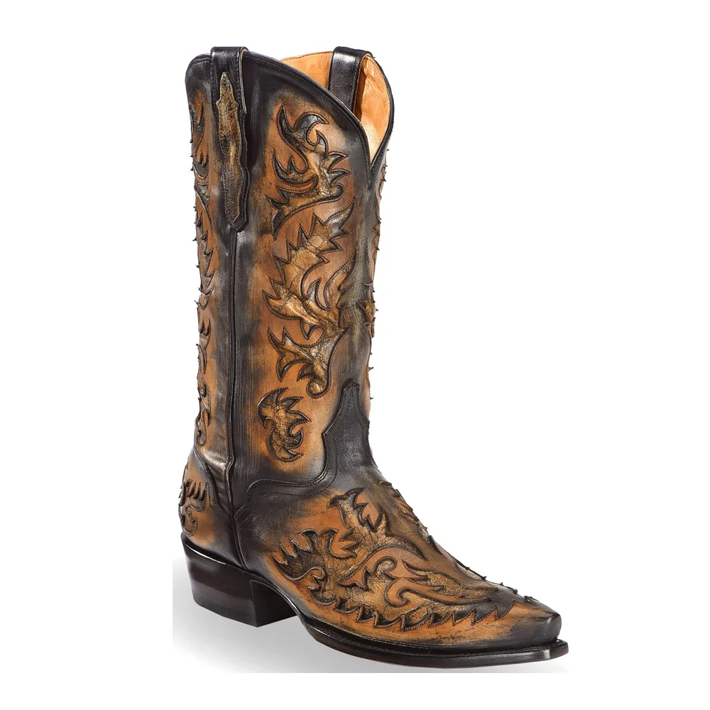 

Men Handmade Black Tan Inlay Cowboy Boots Snip Toe