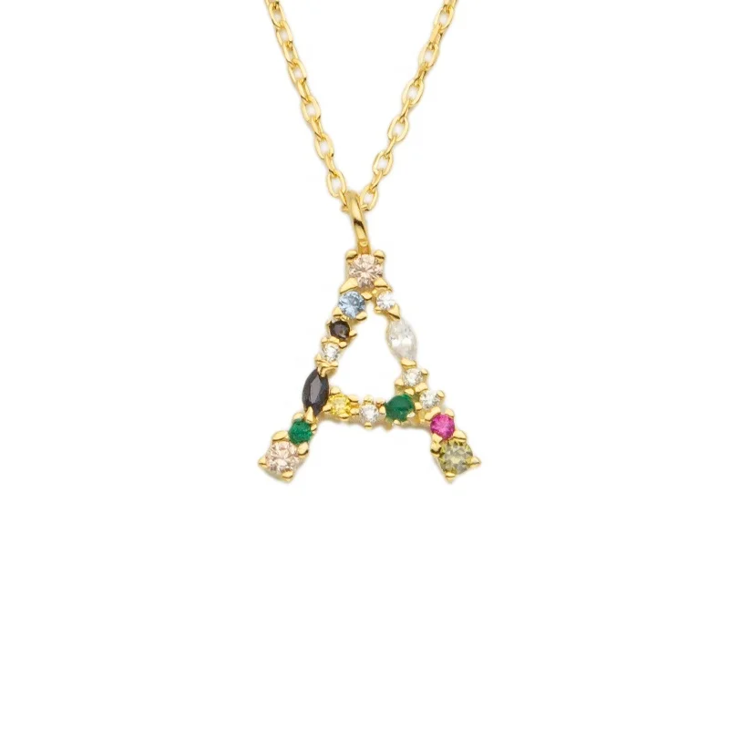 925 Sterling Silver Rainbow Initial Letter Gold Plated necklace
