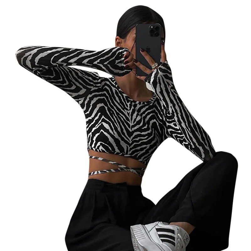 

2022 Fashion trend long sleeve black short top Casual zebra-print halter crop top shirt