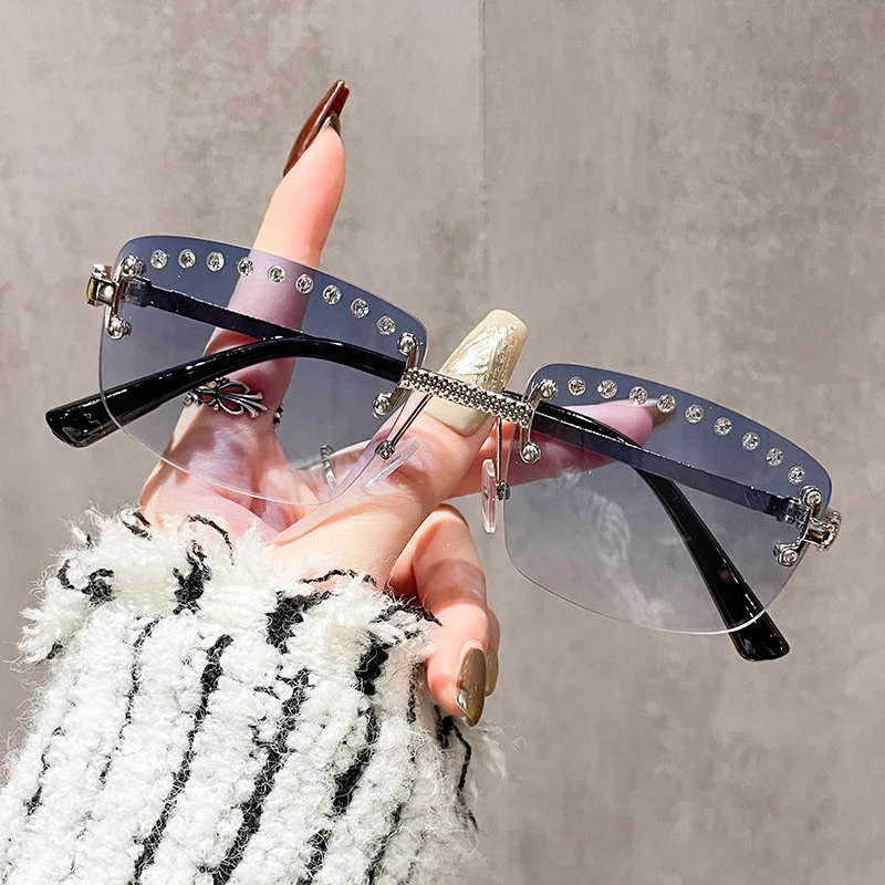 

0603 Rimless Diamond Sunglasses Women Vintage Rectangle Sun Glasses Female Shades Square Eyewear Gradient Shades UV400