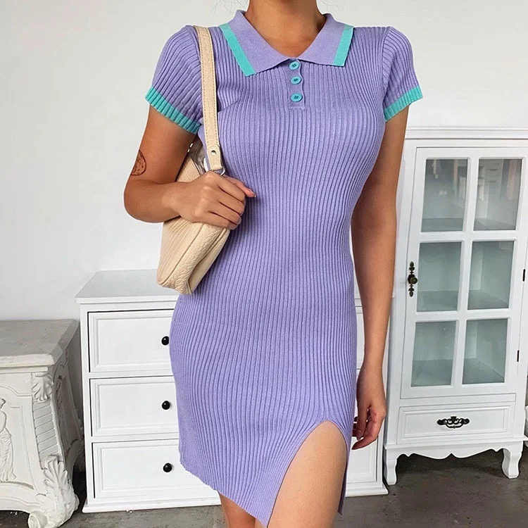 

Casual Summer Bodycon Knitted Sweater Irregular Slit Dresses For Women, Purple