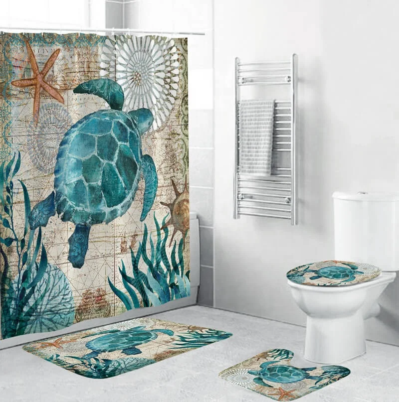 

i@home bathroom fashion sea turtle shower curtain sets with non-slip rugs 4 pieces washable