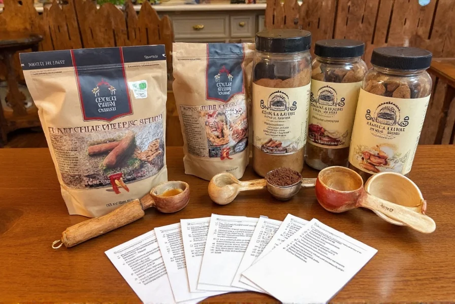 Various Ceylon cinnamon products displayed on a wooden table with measuring spoons and recipe cards