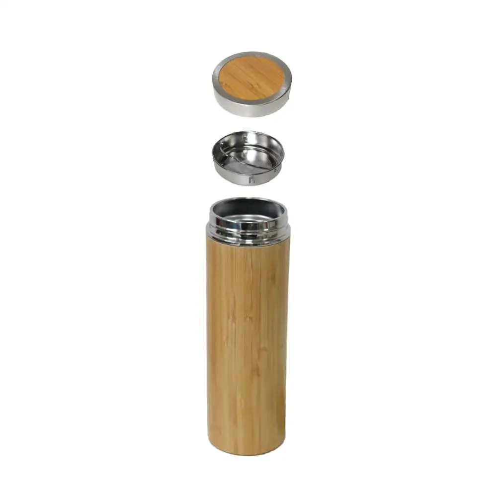Zogifts Eco-Friendly 500ml Bamboo Wooden Stainless Steel Water Bottle Natural Double Walls Vacuum Bamboo Bottle